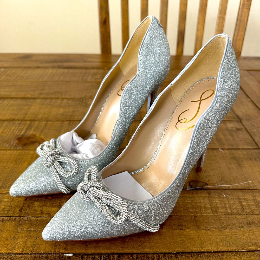 NEW Sam Edelman Deela Pointed Toe High Heels - Silver Glitter - Size 7.5